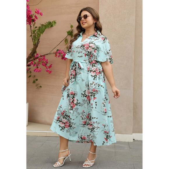 Plus Size Wedding Guest Dress Floral Maxi 3/4 Sleeve Pockets V-Neck - Picture 3 of 7